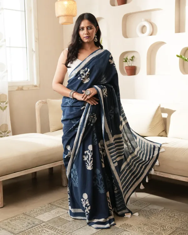 Indigo_Cotton_Mughal_Butta_Dabu_Print_Mul_Saree_For_Women